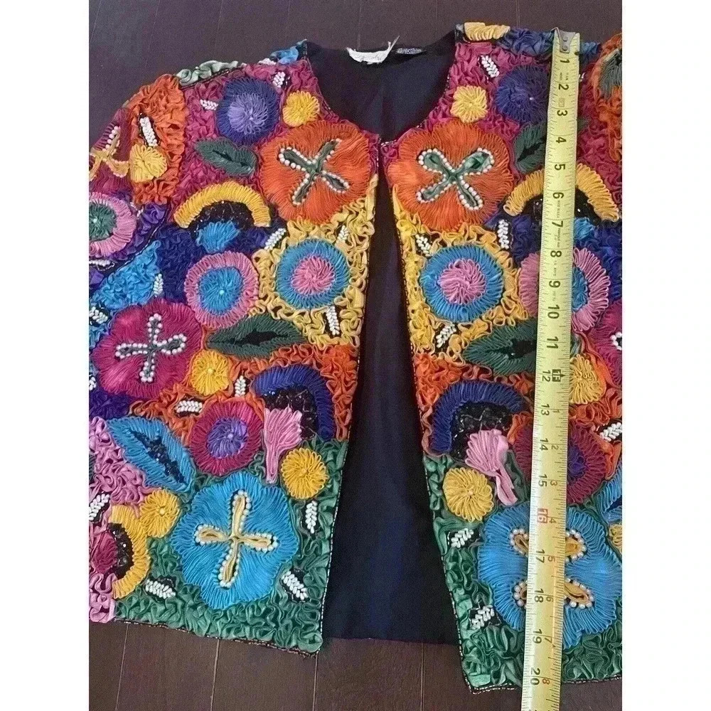 Vintage Cache Silk Ribbon Boxy Bolero Jacket 90s Bead Embellished Flower Rainbow - Picture 11 of 14